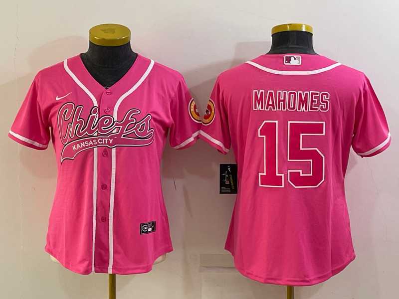 Womens Kansas City Chiefs #15 Patrick Mahomes Pink With Patch Cool Base Stitched Baseball Jersey